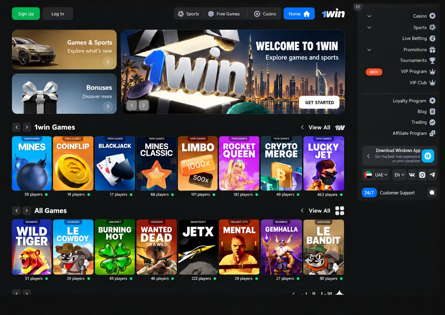 1win UAE homepage in English