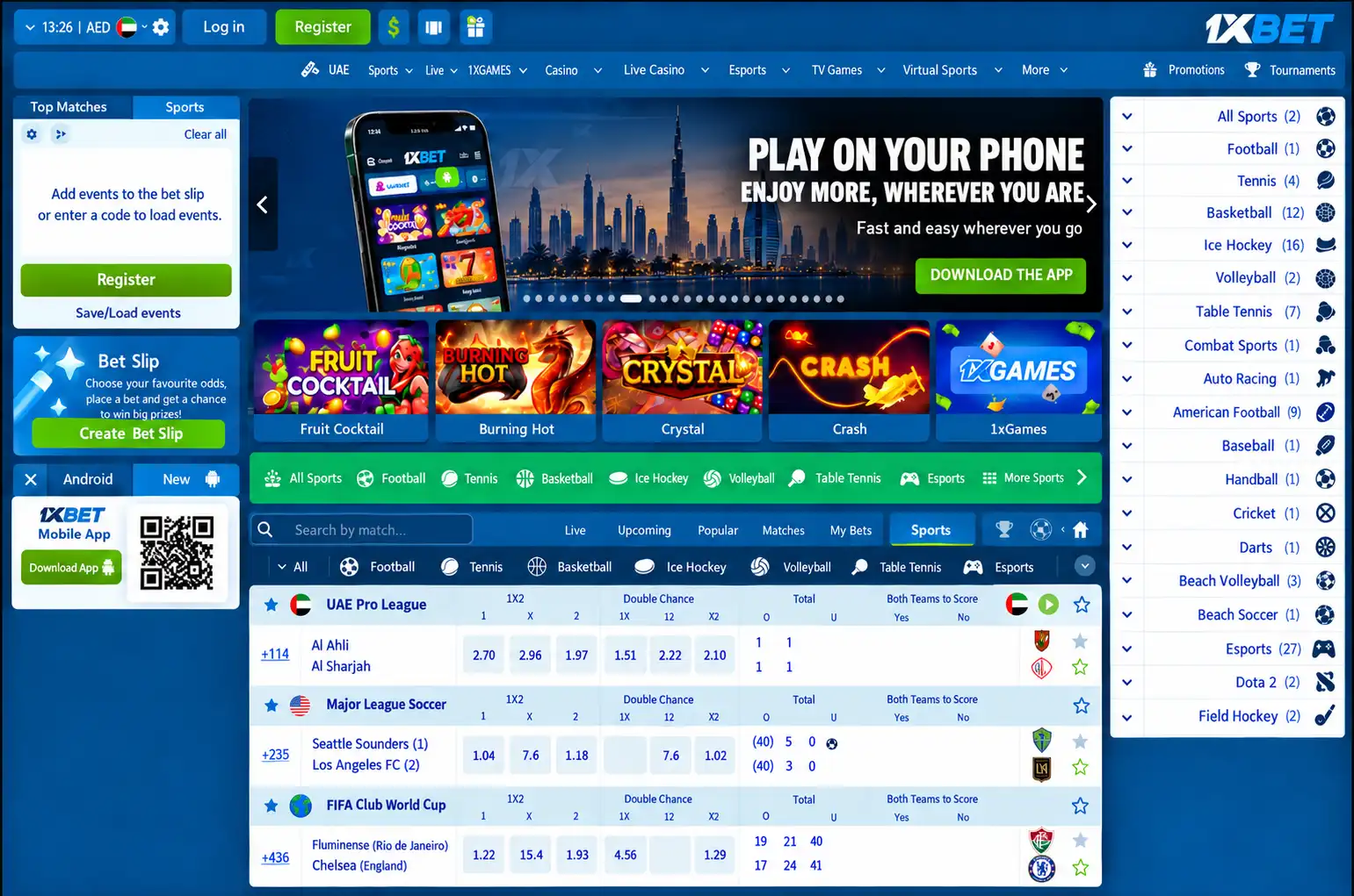 1xBet UAE sportsbook homepage in English