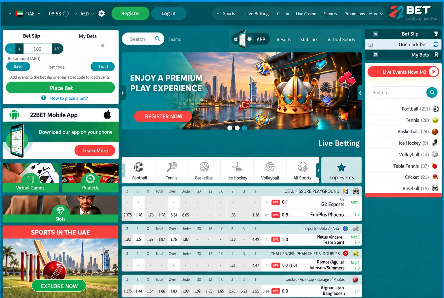 22Bet UAE sportsbook homepage in English