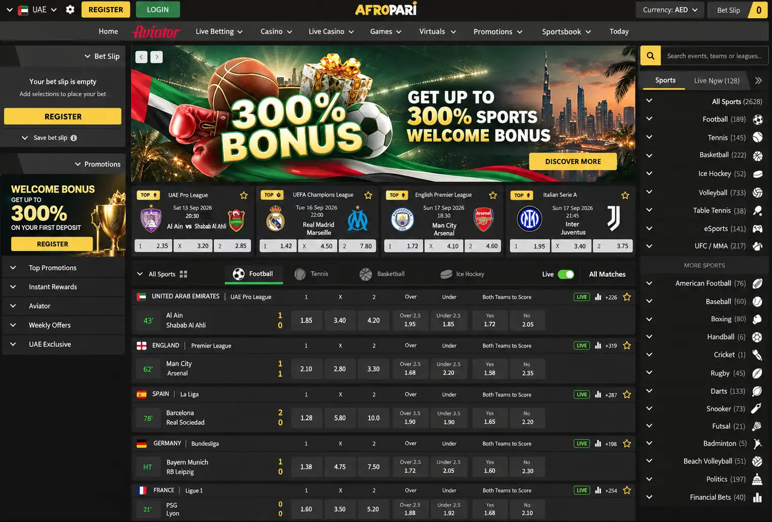 Afropari UAE sportsbook homepage in English