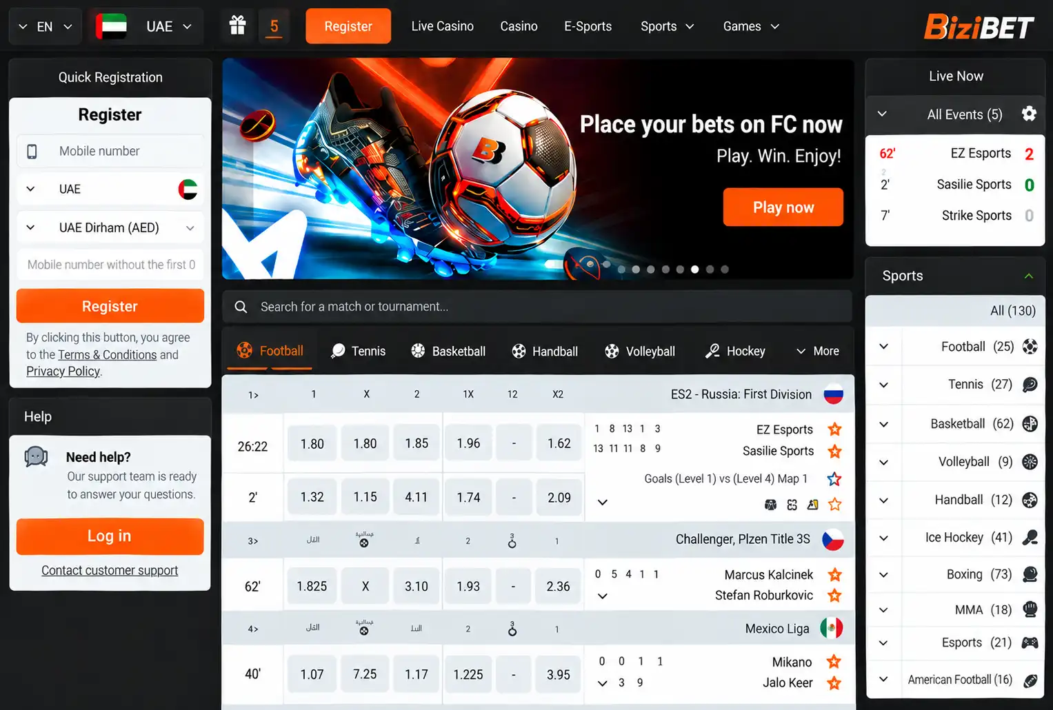 BizBet UAE sportsbook homepage in English