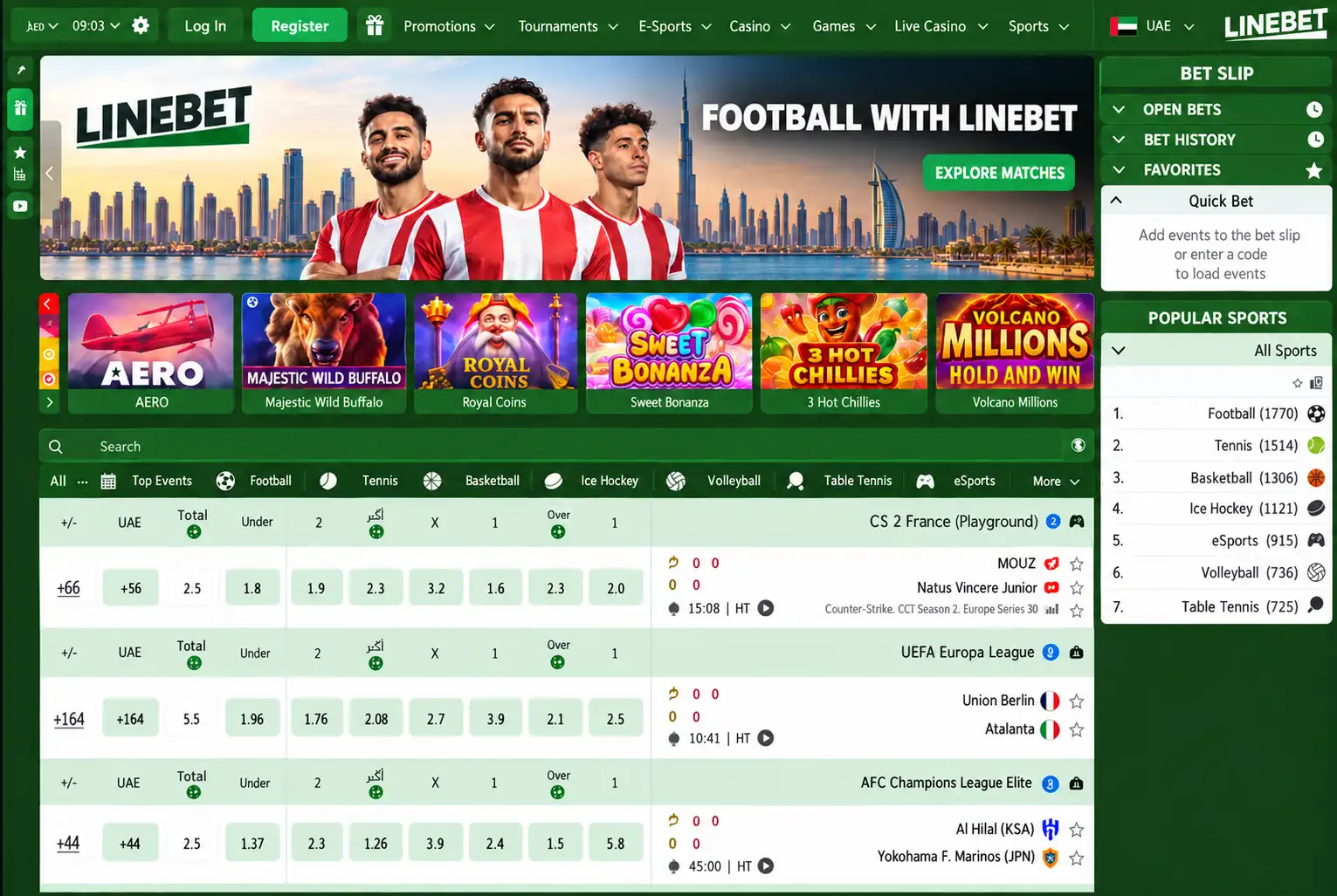 Linebet UAE sportsbook homepage in English