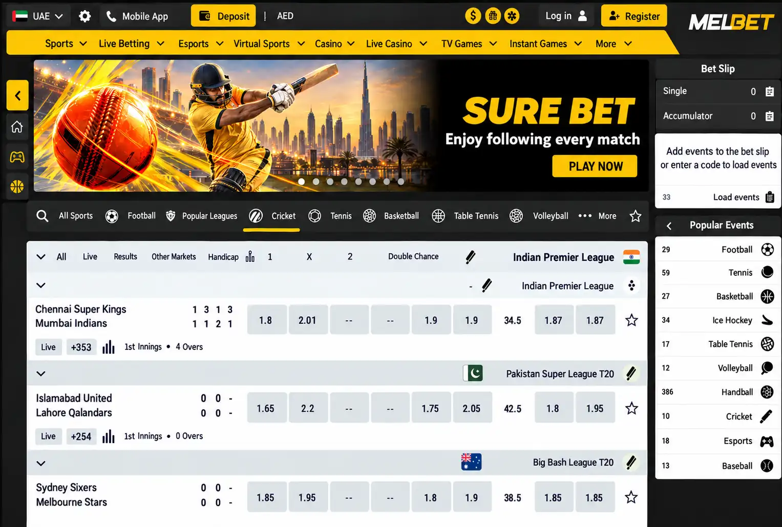 MelBet UAE sportsbook homepage in English
