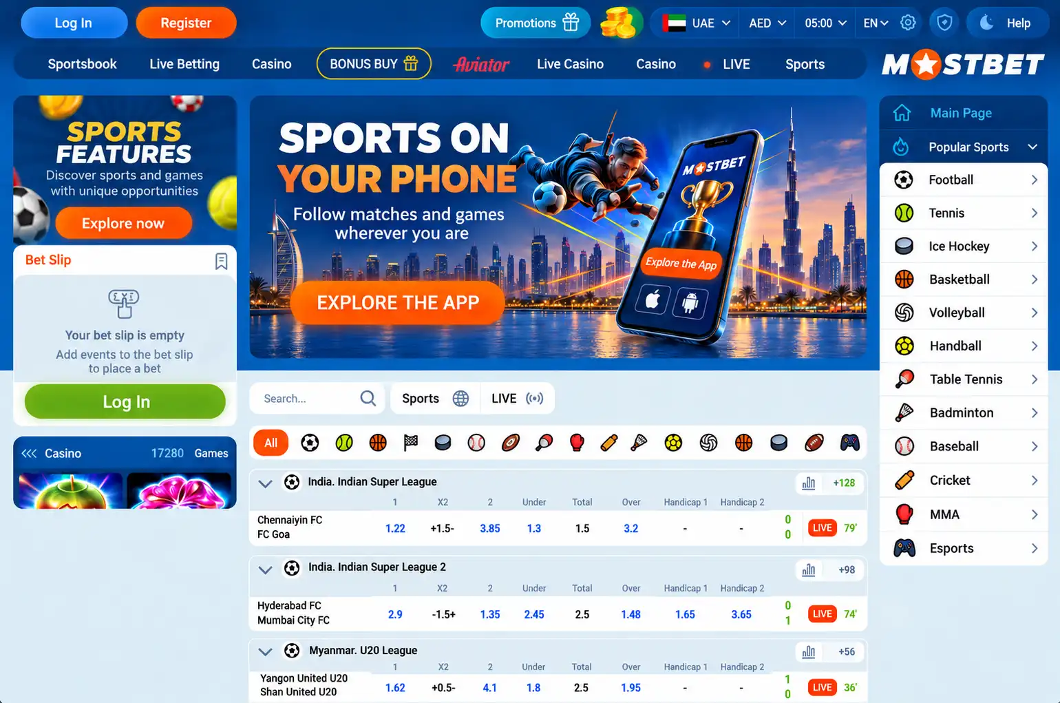 Mostbet UAE sportsbook homepage in English