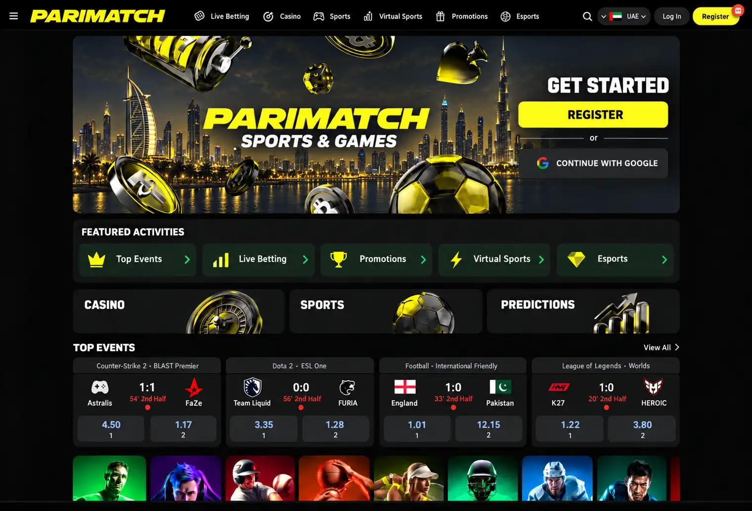 Parimatch UAE sportsbook homepage in English