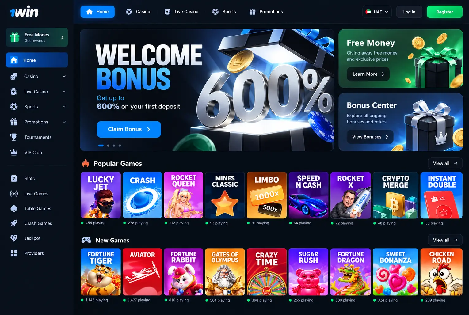 1win UAE platform homepage with sports and casino navigation