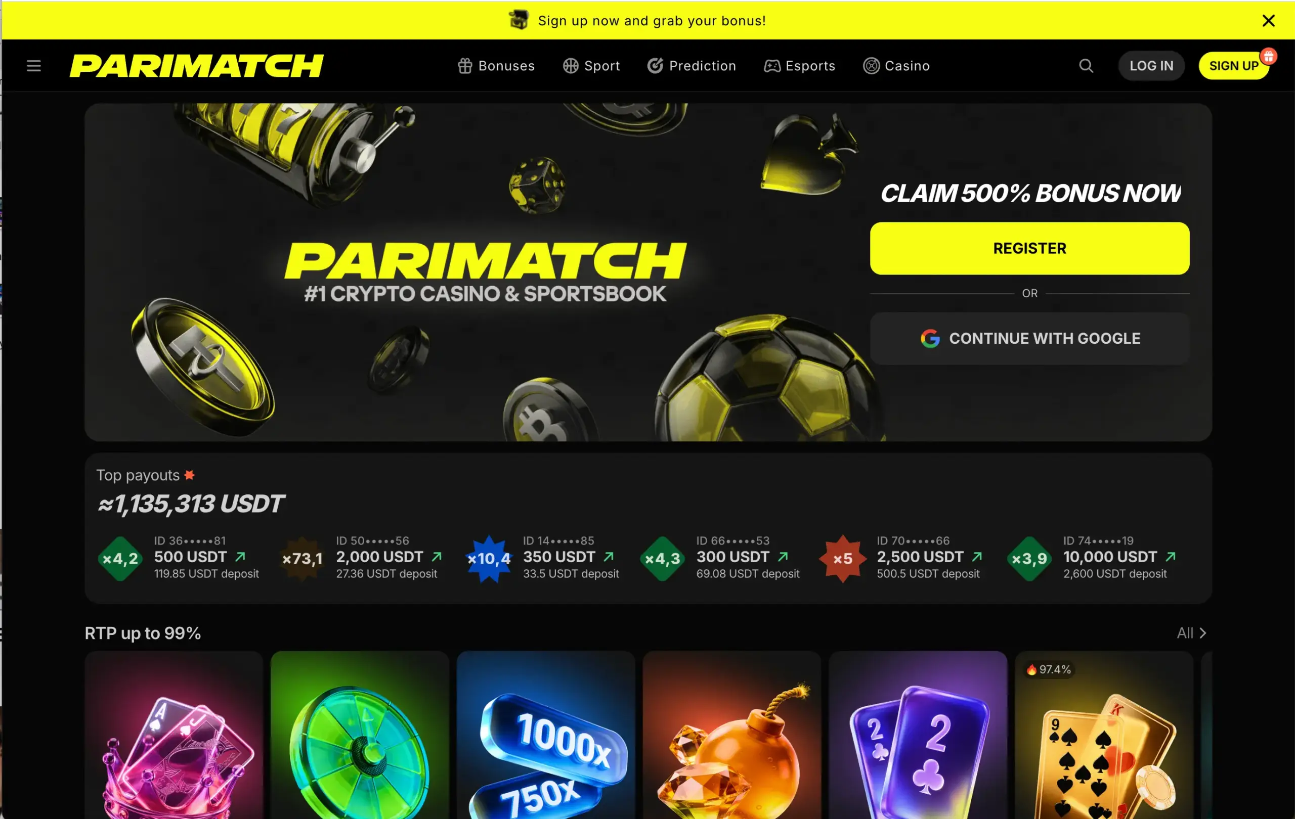 Parimatch homepage with sportsbook and casino navigation